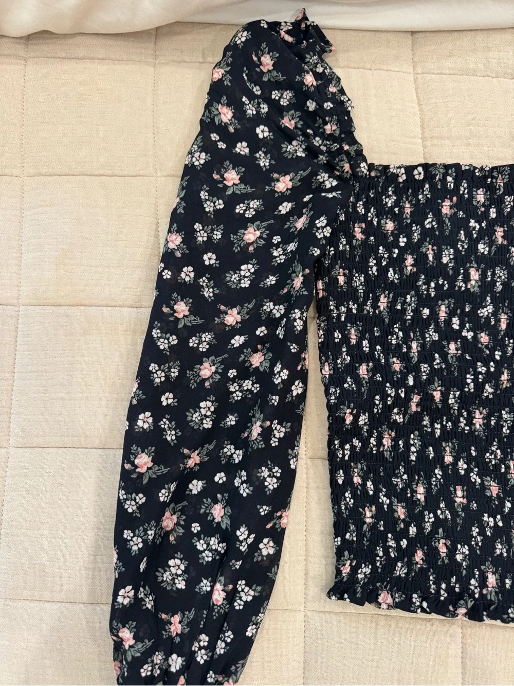 NWT Reformation Smocked Floral Long-Sleeve Top - Black